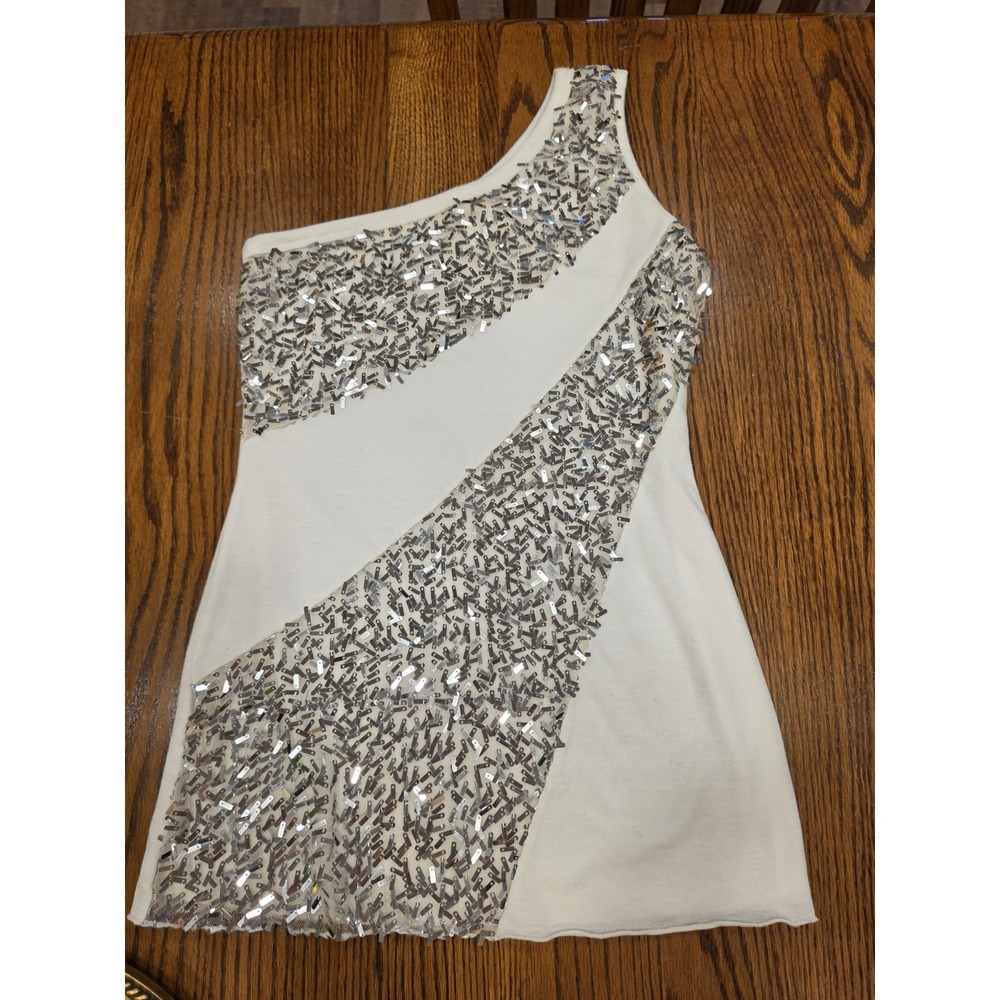 California Girlz One Shoulder Sequin Tank Top LG Ivory Silver Asymmetrical Party